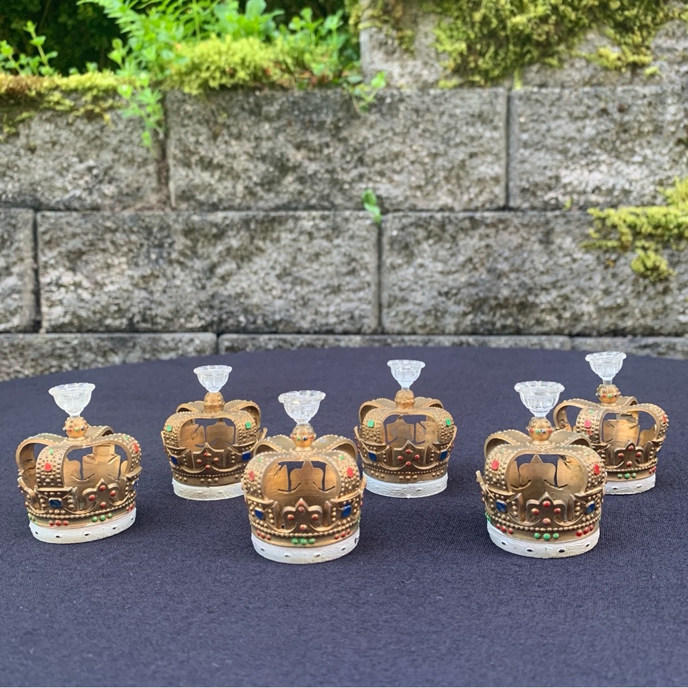 Vintage Set Gold Bronze Doll Crown Cupcake Toppers Candle Holder Decoration MCM